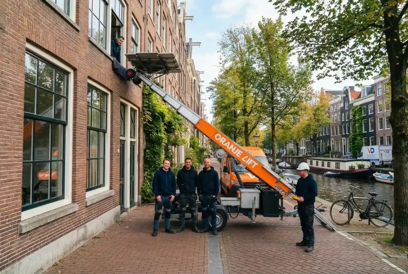 OranjeLift aanhangerlift bij grachtenpand Amsterdam