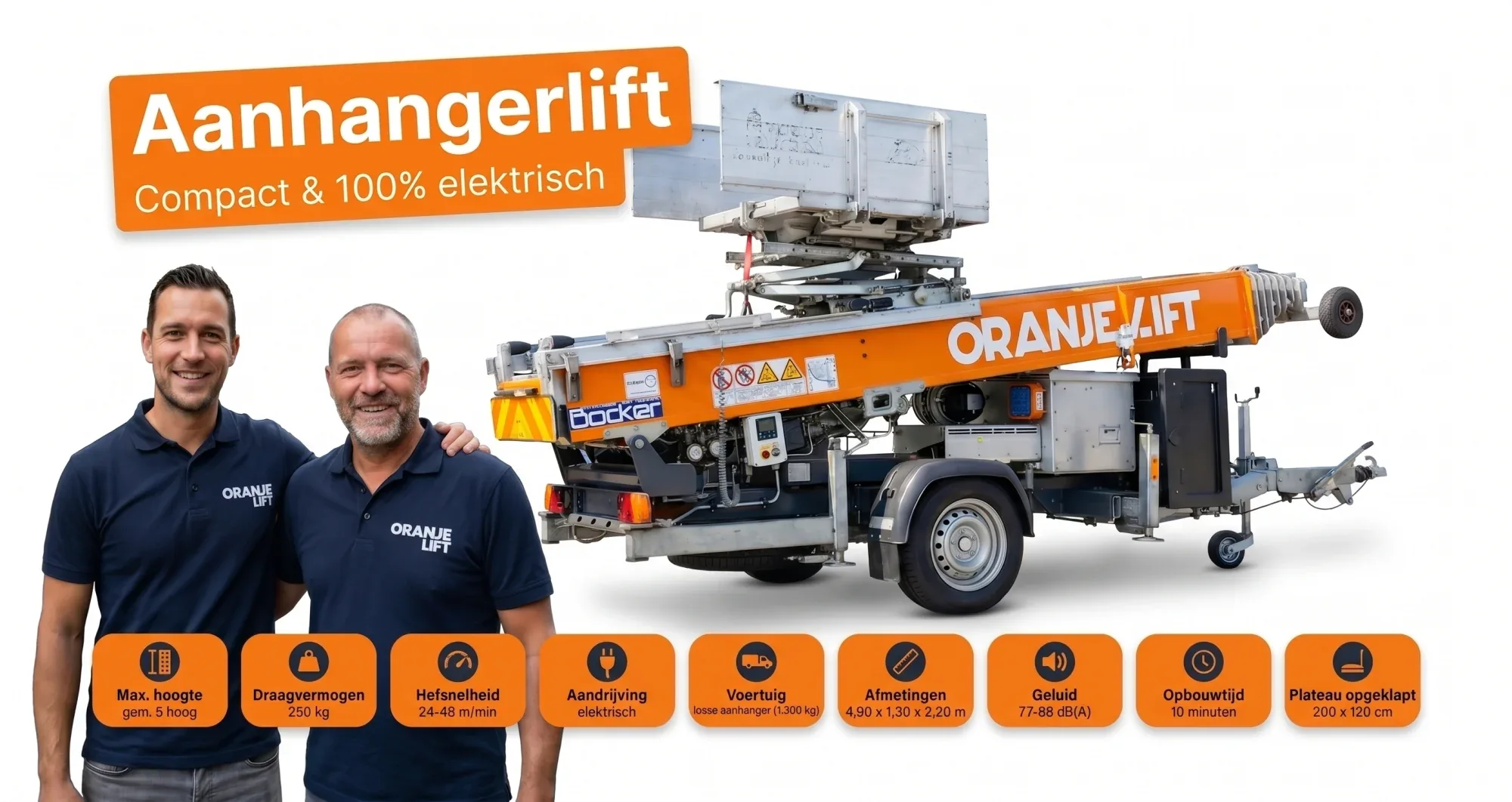 Compacte aanhangerlift huren bij OranjeLift, 100% elektrisch met 250 kg draagvermogen en opbouwtijd van 10 minuten