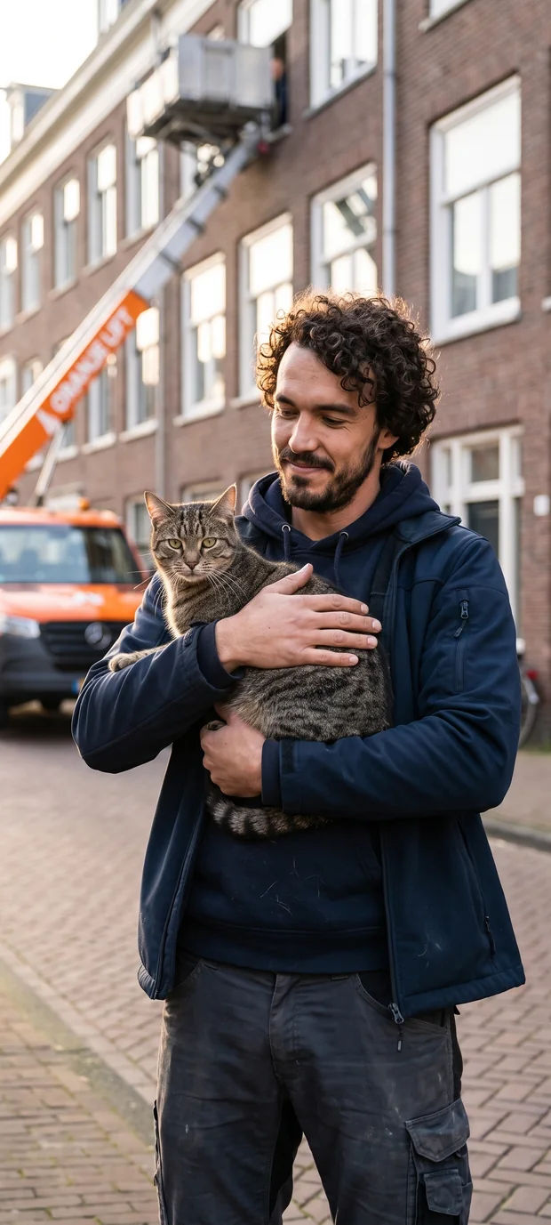 Operator van OranjeLift met een kat op de arm, met de verhuislift onscherp op de achtergrond in een Amsterdamse straat