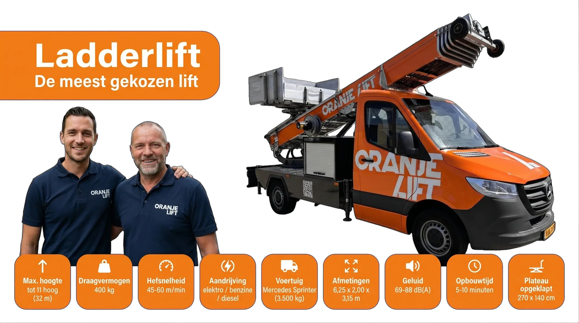 OranjeLift ladderlift: de meest gekozen verhuislift. Max. hoogte tot 11 hoog (32 m), draagvermogen 400 kg, hefsnelheid 45-60 m/min, aandrijving elektro/benzine/diesel, Mercedes Sprinter 3.500 kg, afmetingen 6,25 x 2,00 x 3,15 m, geluid 69-88 dB(A), opbouwtijd 5-10 minuten, plateau opgeklapt 270 x 140 cm.