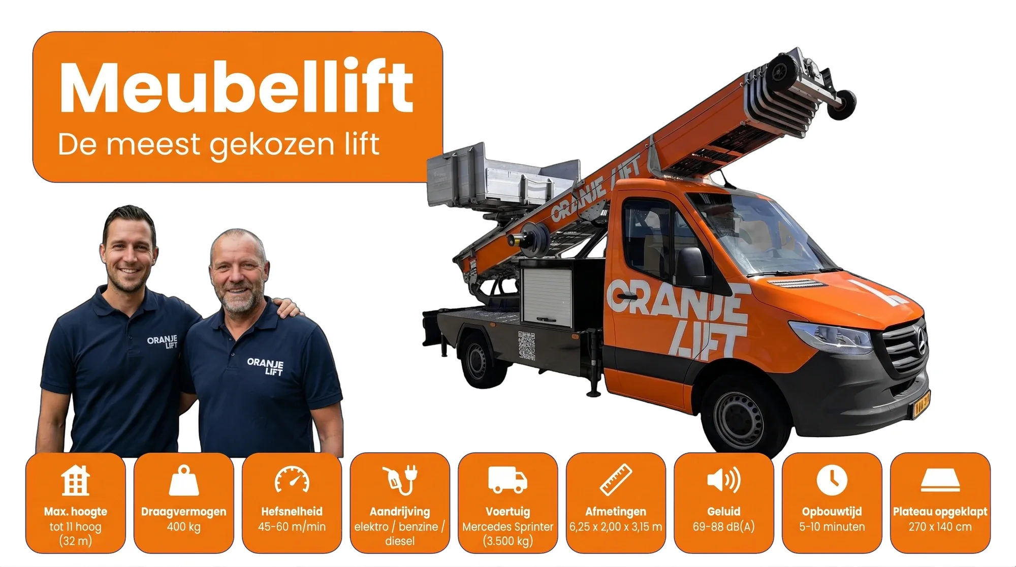 Meubellift huren bij OranjeLift: reikt tot 11 hoog en tilt tot 400 kg per rit