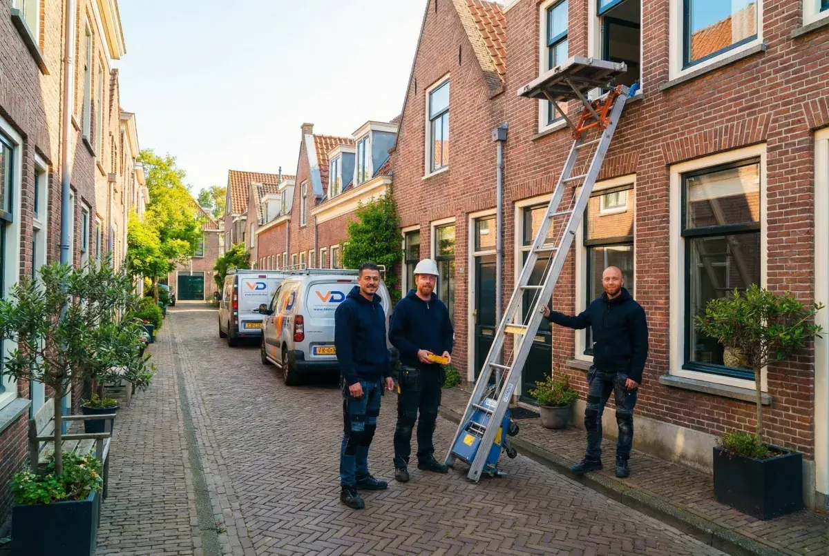 OranjeLift team met GEDA opbouwlift in smalle straat