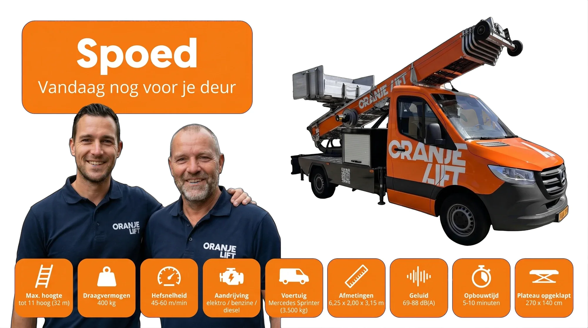 Spoed verhuislift vandaag nog voor de deur, binnen 60 minuten inzetbaar tot 32 m hoog en 400 kg draagvermogen