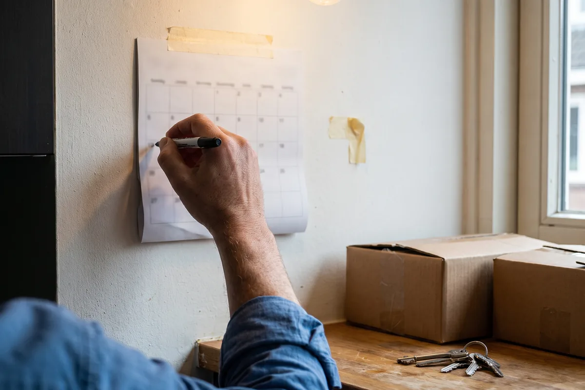Datum prikken op de kalender aan de muur voor het huren van een verhuislift in de Randstad