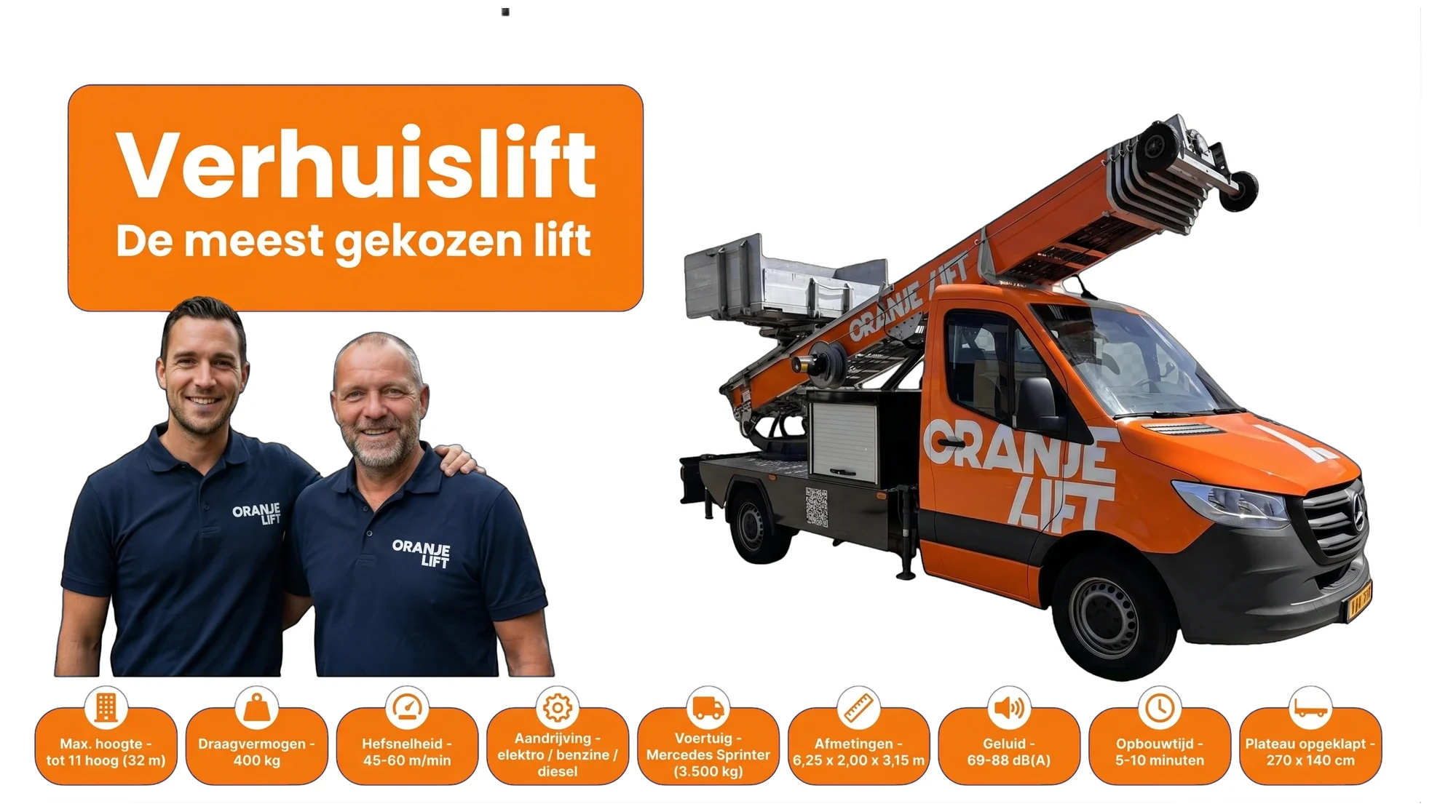 Verhuislift huren in Veenendaal: verhuislift tot 32 m hoog met 400 kg draagvermogen en plateau 270 x 140 cm