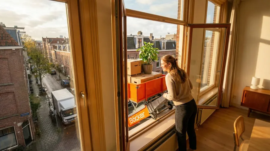 Verhuislift staat standby op de bezorgdag en hijst meubels langs de gevel omhoog in Veenendaal